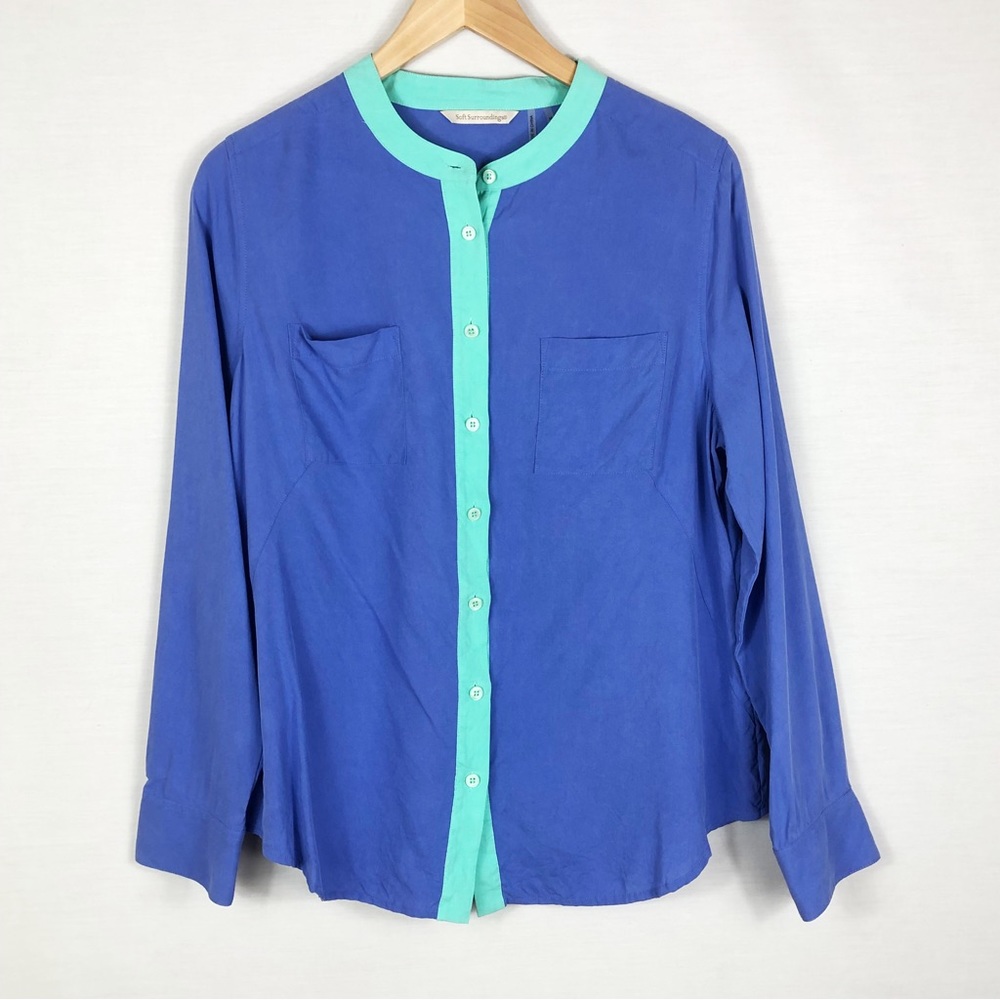 Soft Surroundings Long Sleeve Button Down Silk Blouse | Blue Green | Size Medium